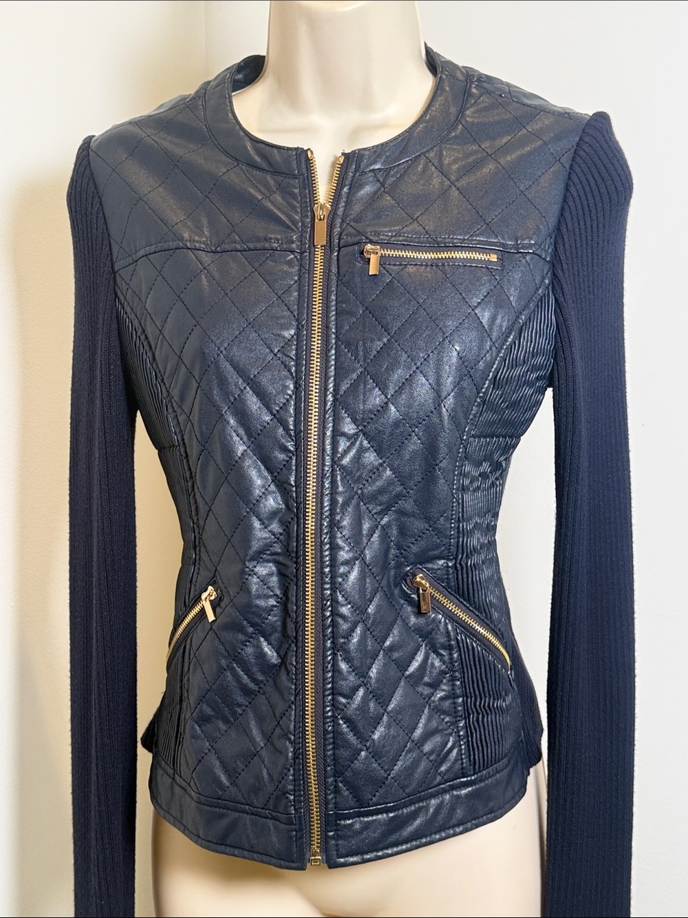 Vintage Cache Navy Quilted Zip Jacket in Navy with Gold Zipper Accents